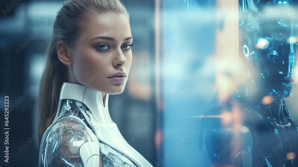 In this image, a futuristic AI android robot and a female cyborg ...