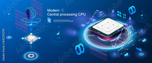 Futuristic processor with neon holographic glow-illumination. Isometric digital chip with server for rendering and data transfer. Powerful processor with server for cryptocurrency mining