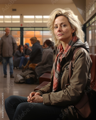 woman traveling alone in Waiting hall