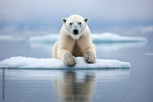 Fotografie, Obraz A poignant portrait featuring a majestic polar bear standing alone on a solitary ice floe, symbolizing the harsh realities of global warming