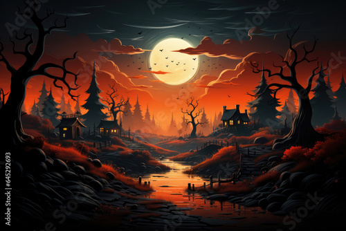 Halloween background - magical forest with lanterns and bats, glowing pumpkins, full moon, cemetery, haunted houses, fog © Irina B