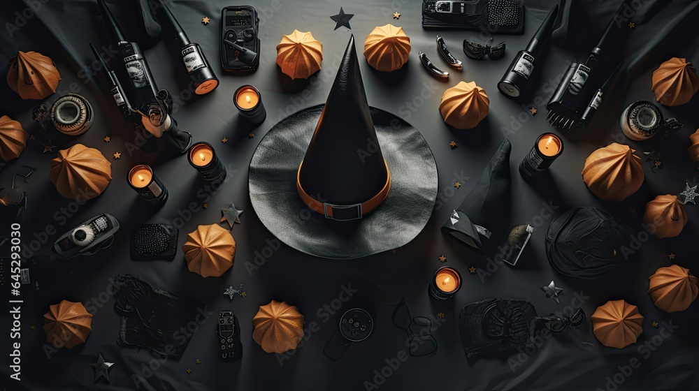 Halloween themed items like candy corn, witches' hats, and miniature skulls on a black surface.