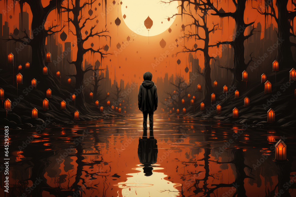 Halloween background - magical forest with lanterns and bats, glowing pumpkins, full moon, cemetery, haunted houses, fog Halloween background - magical forest with lanterns and bats, glowing pumpkins, full moon, cemetery, haunted houses, fog