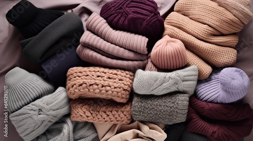 Collection of warm knitted scarves, gloves, and hats arranged on a cozy woolen surface. © Filip