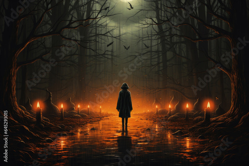 Halloween background - magical forest with lanterns and bats, glowing pumpkins, full moon, cemetery, haunted houses, fog © Irina B