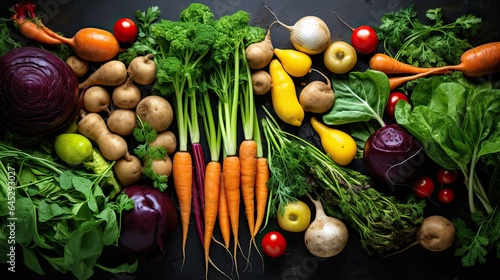 Freshly picked autumn vegetables like carrots  beets  and potatoes organized neatly on a kitchen counter.