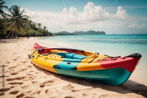 Colorful kayaks on the sandy beach of a tropical island.