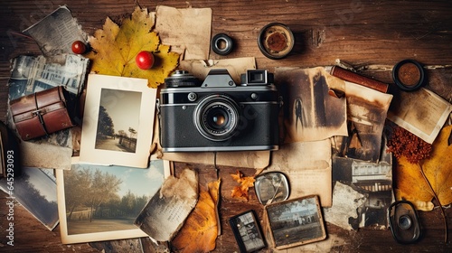 Old vintage photos of past autumns surrounded by memorabilia on a weathered wooden surface