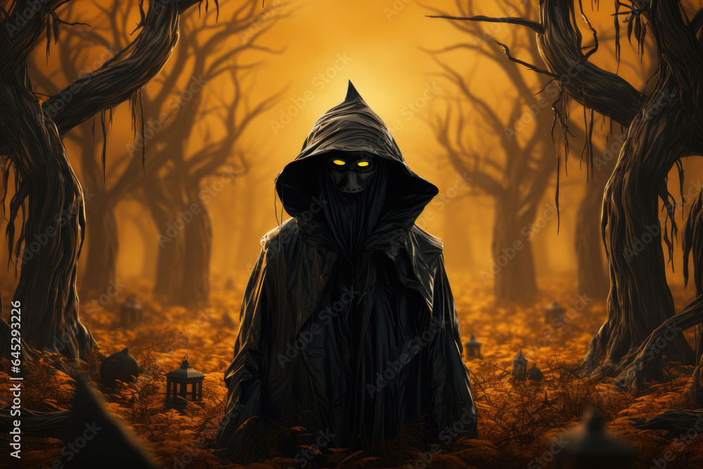 Halloween background - magical forest with lanterns and bats, glowing pumpkins, full moon, cemetery, haunted houses, fog