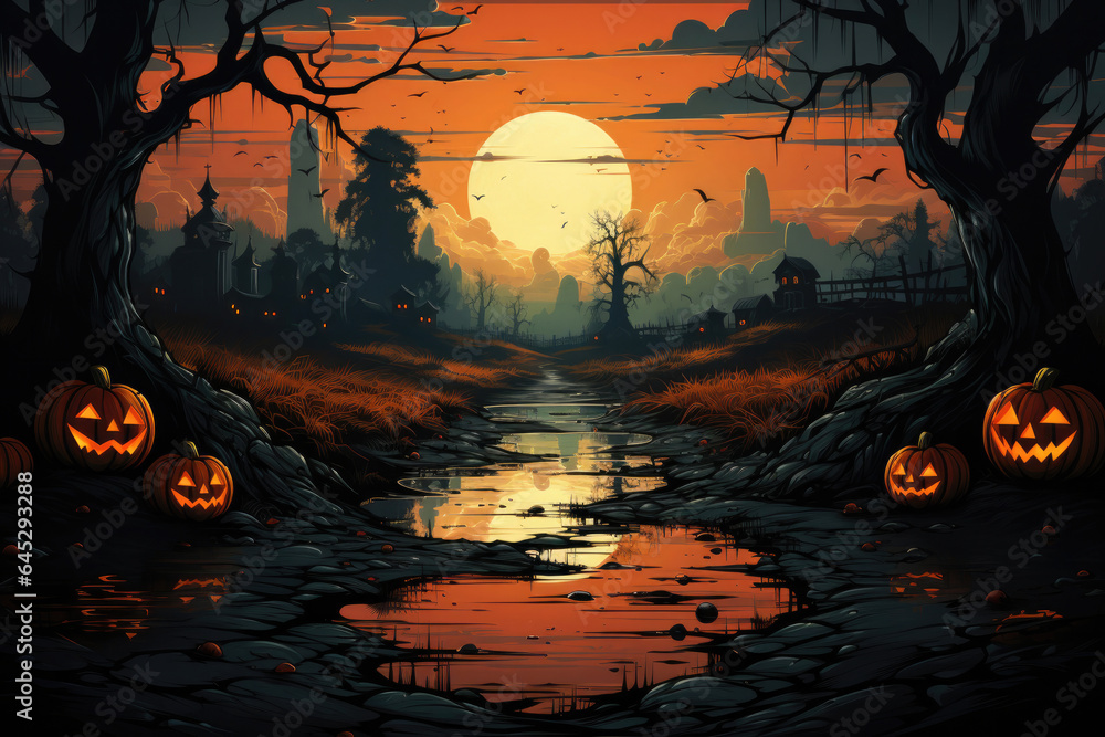 Halloween background - magical forest with lanterns and bats, glowing pumpkins, full moon, cemetery, haunted houses, fog