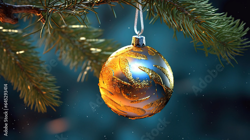 Image of ball and golden tinsel on the piny branch, Bright color. Generative Ai