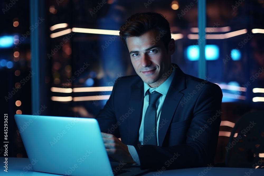 Handsome businessman professional working on aptop computer in office, Generative AI