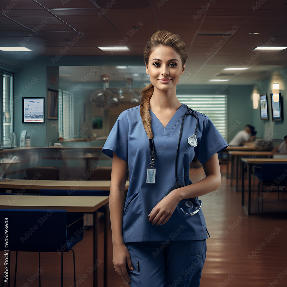 Medica uniforme azul com estetscopio sorrindo para a camer ambiente hospitalar, refeitorio