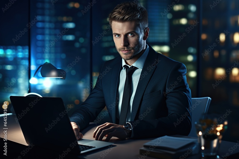 Fototapeta premium Handsome businessman professional working on aptop computer in office, Generative AI