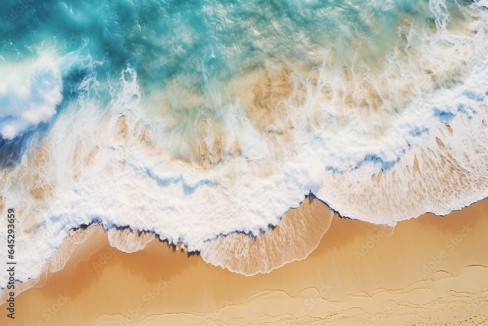 close up drone view od a wave of sea on the beach - obrazy, fototapety, plakaty 