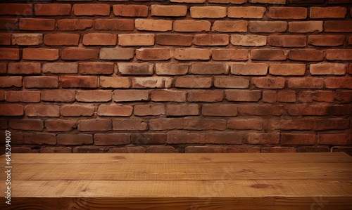 Rustic elegance. Vintage interior. Weathered brick wall and empty wooden table. Aged beauty