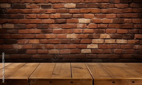 Rustic elegance. Vintage interior. Weathered brick wall and empty wooden table. Aged beauty
