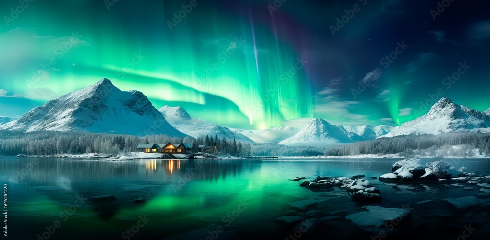  the northern lights over the lake with trees and  houses,