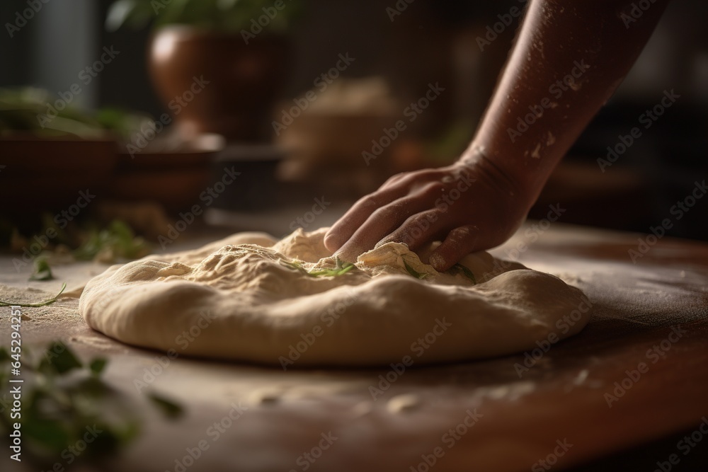 A close-up of the process of stretching pizza dough