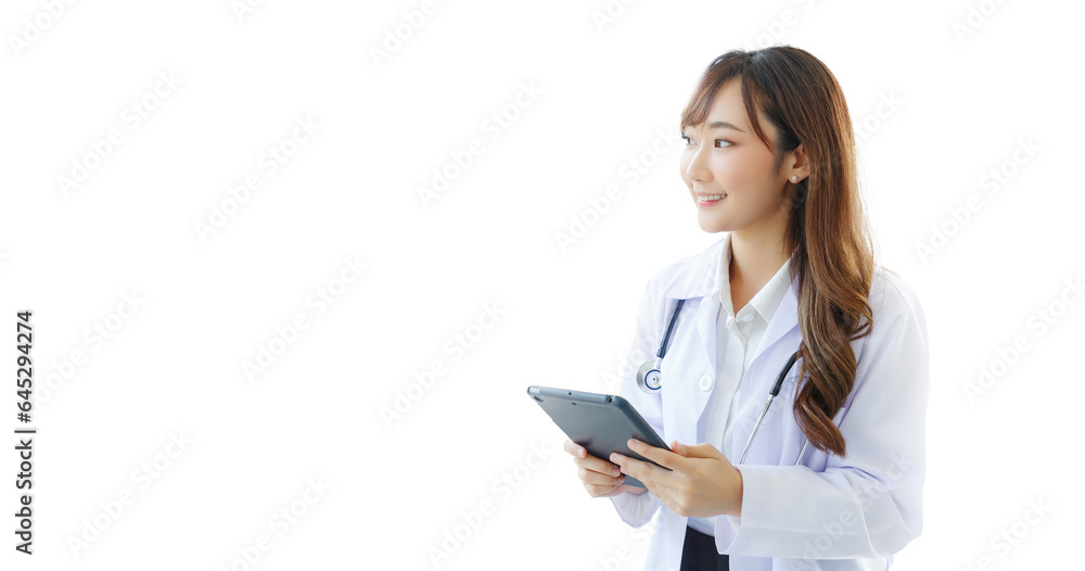 Beautiful and cheerful good mood young lady asian doctor dressed uniform smiling arm stethoscope while using tablet on white background. COPY SPACE. Beautiful and cheerful good mood young lady asian doctor dressed uniform smiling arm stethoscope while using tablet on white background. COPY SPACE.