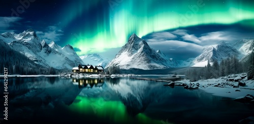  the northern lights over the lake with trees and houses,