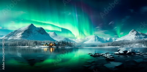  the northern lights over the lake with trees and  houses, © XC Stock
