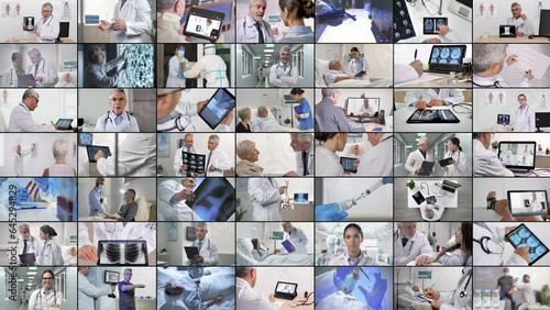 medical health care professionals working video montage spit multi screen,collage of healthcare workers,equipment,patients,doctors work in hospital