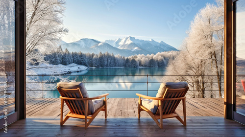 sunset mountains lake wooden patio with two armchairs, relax in outdoor and winter nature