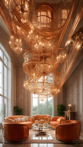 Architectural Interior house, modern style, beautiful Sofà and chairs, big chandellier with glass diffusers and metal structure in copper and led light, saga hadid and renzo piano, photorealistic photo