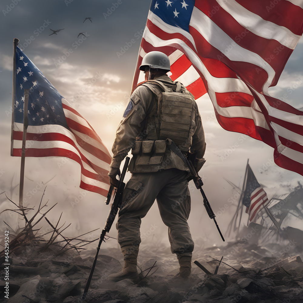 a veteran stands on a battlefield facing the American flag,Veterans Day with Generative A - obrazy, fototapety, plakaty 