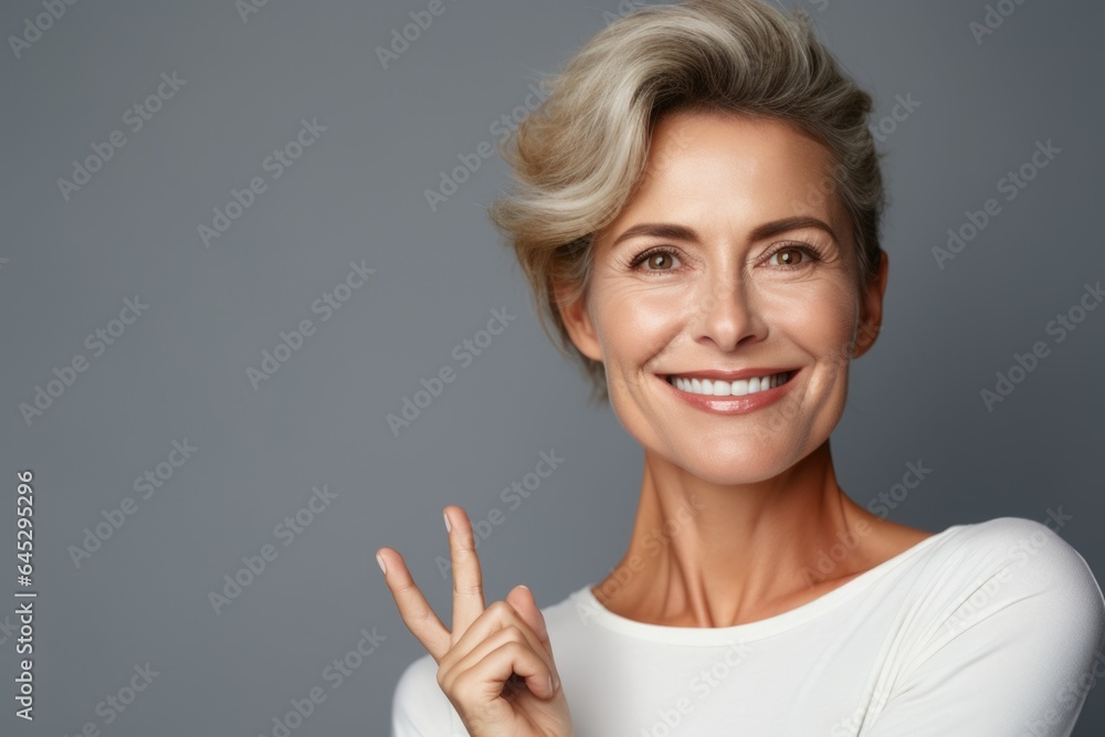 Portrait of fifty year old European woman with  well-groomed face on  gray background with copy space.