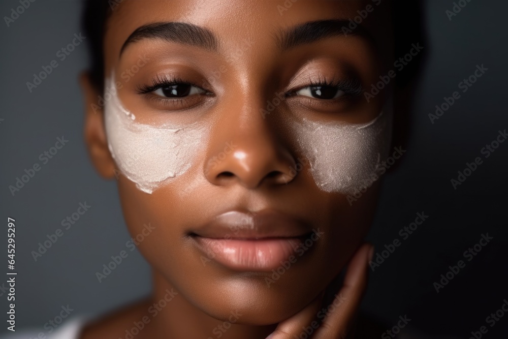 Portrait of a forty-year-old african woman with moisturizer applied to her face, close-up. Rejuvenation concept. Portrait of a forty-year-old african woman with moisturizer applied to her face, close-up. Rejuvenation concept.