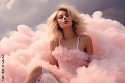 Romantic dreamy girl in pink dress with closed eyes on pink cloud.