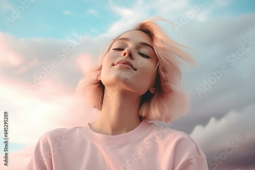 Portrait of a dreamy romantic young girl with closed eyes against a background of pink clouds.