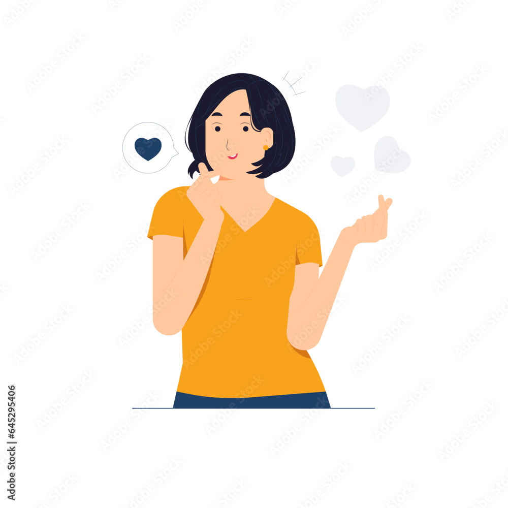 Smiling young woman showing two hands mini heart sign gesture, Spreading love happiness positive expression concept illustration Smiling young woman showing two hands mini heart sign gesture, Spreading love happiness positive expression concept illustration