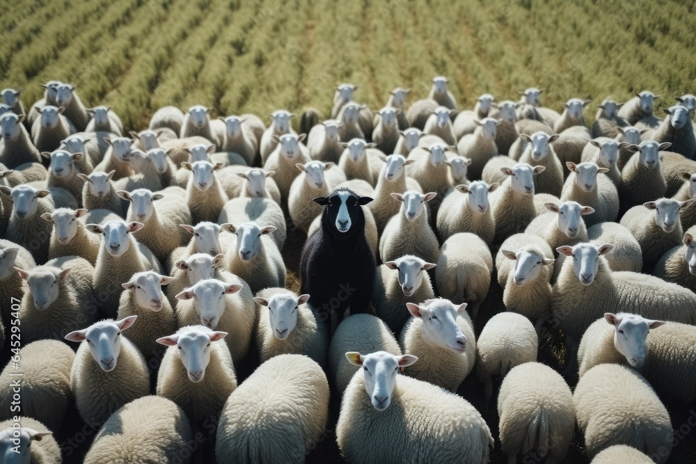 Obraz premium Black sheep among white sheep on green meadow. Generative AI