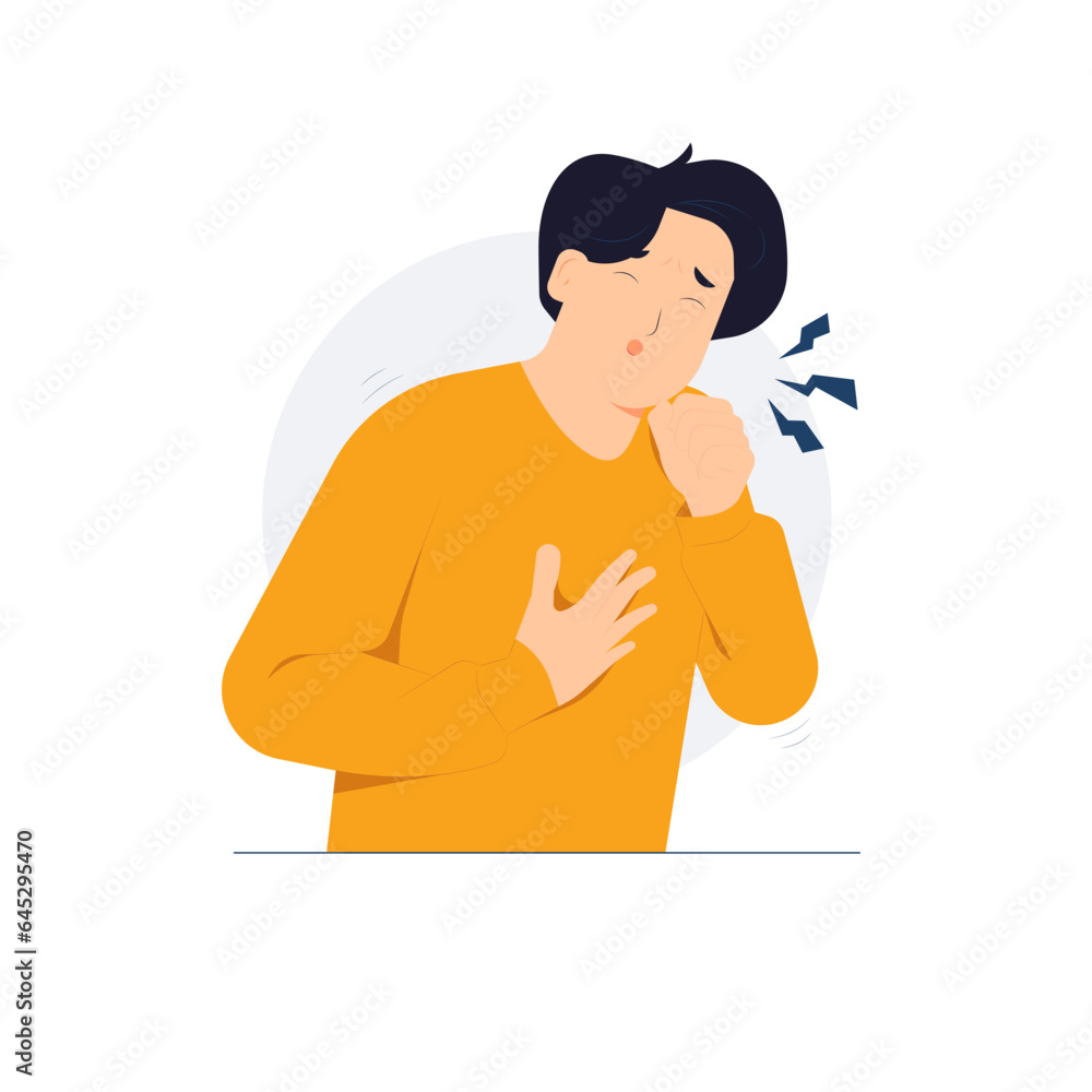 Sore throat, sick, asthma, cold, fever, allergies, respiratory diseases symptoms. Man coughing holds chest, hand covers mouth concept illustration