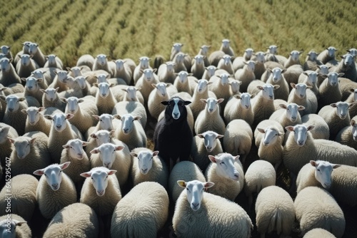 Black sheep among white sheep on green meadow. Generative AI