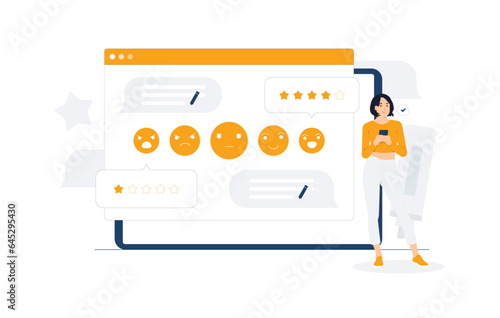 Feedback, customer review satisfaction survey, client evaluate quality service reputation ranking. User give rating service excellent experience mobile phone application concept illustration