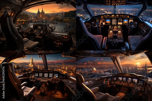 Plane cockpit and city. Generative AI © itchaznong