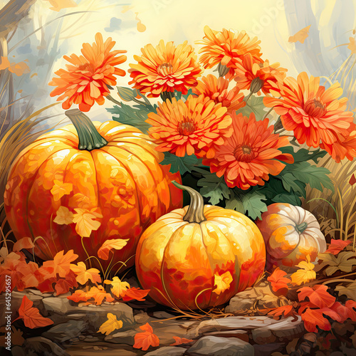 flowers, pumpkin and garden elements composition, clipart, watercolor style