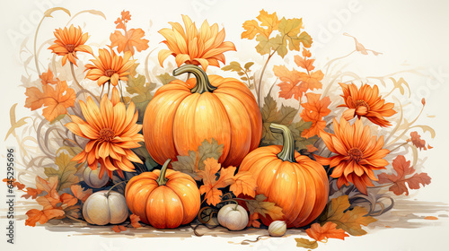 flowers, pumpkin and garden elements composition, clipart, watercolor style