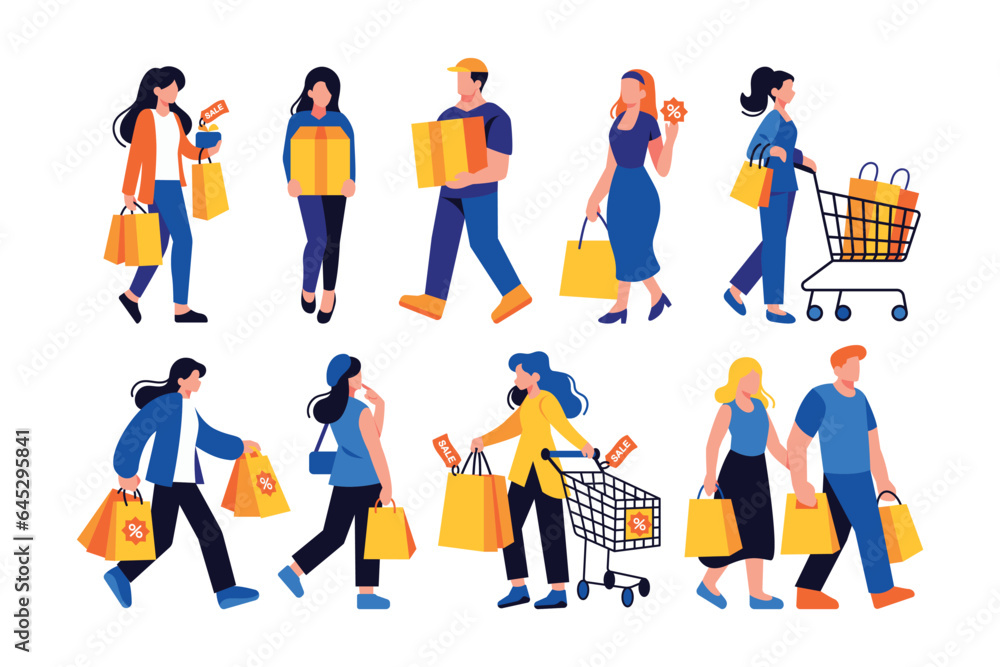 Naklejka premium Isolated People Shopping Vector Illustration In Many Poses Set Collection