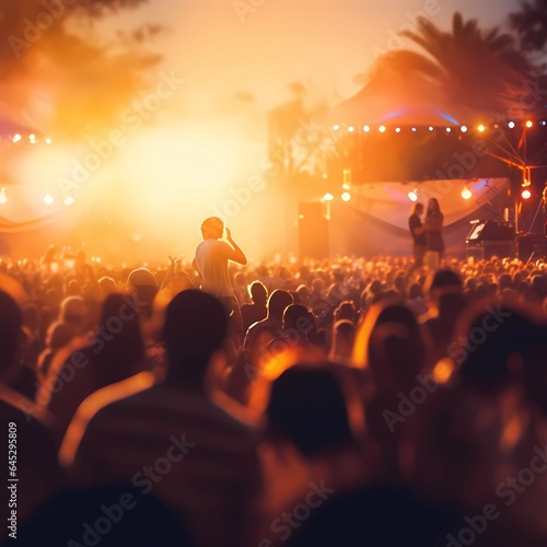 Crowd at concert, summer music festival. Blurred people having beach party in summer vacation. wide banner,