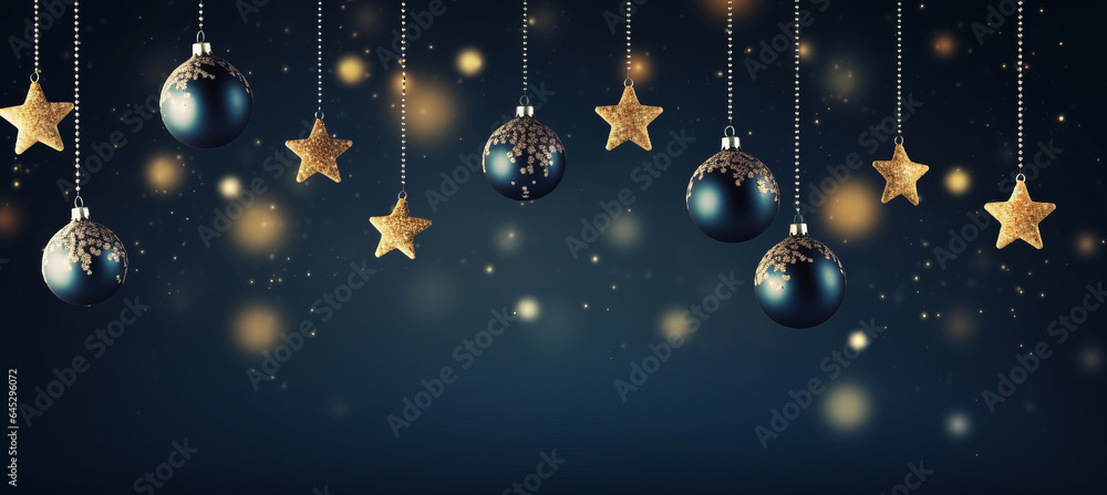 Banner with christmas baubles, stars on dark blue background