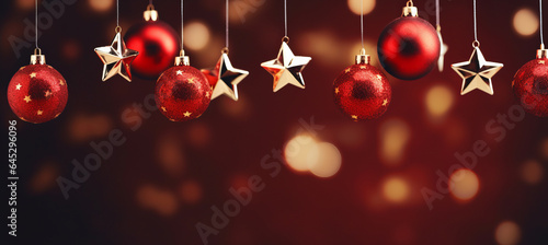 Banner with christmas baubles  stars on dark red background