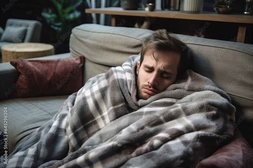 Obraz premium Sick young man covered with blanket, lying on sofa due to illness, flu or winter cold concept