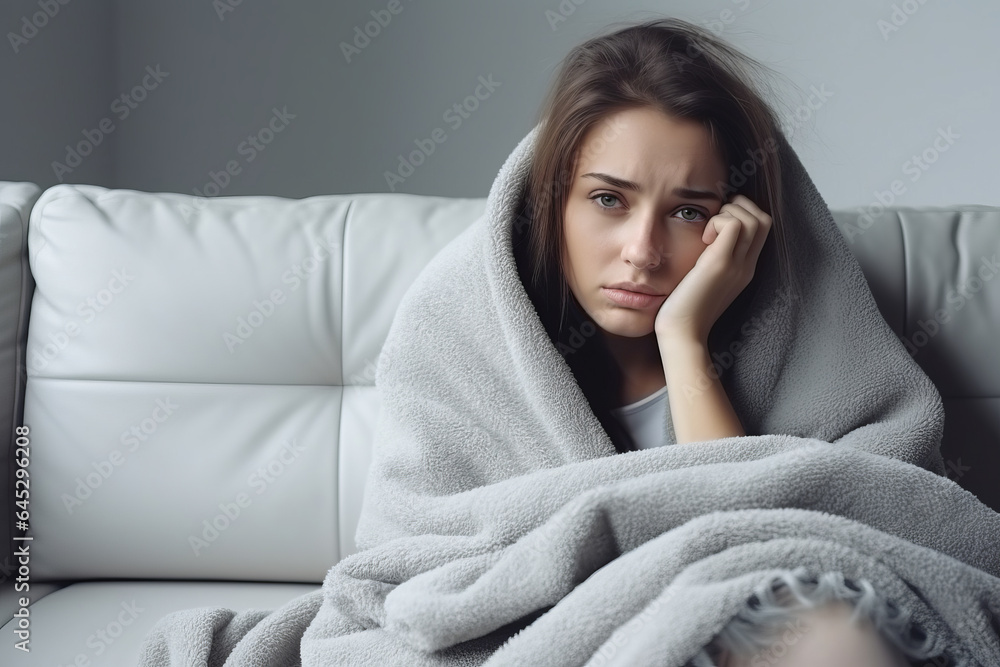 Sick young woman covered with blanket, lying on sofa due to illness, flu or winter cold concept - obrazy, fototapety, plakaty 