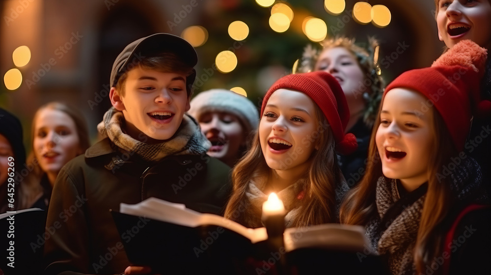 Fototapeta premium Teenagers Carolers singing traditional songs in city street on christmas eve