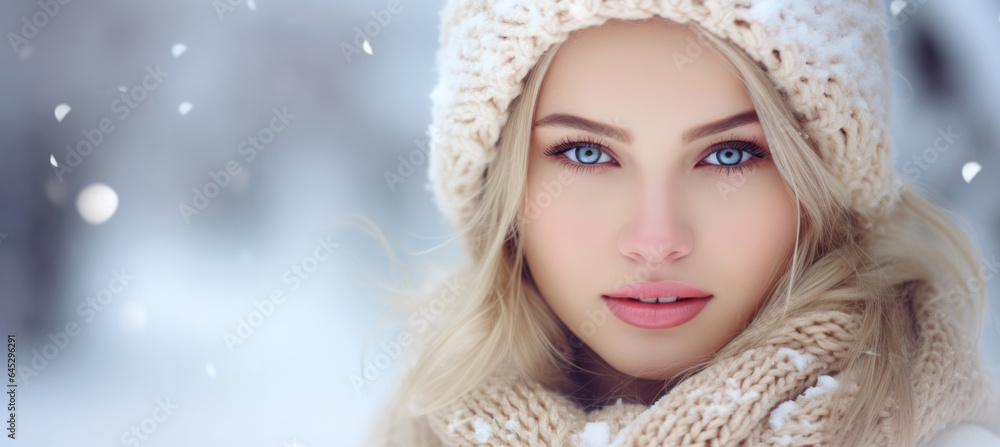 Winter banner with portrait of beautiful caucasian blonde woman face with clean fresh skin and copy space Winter banner with portrait of beautiful caucasian blonde woman face with clean fresh skin and copy space